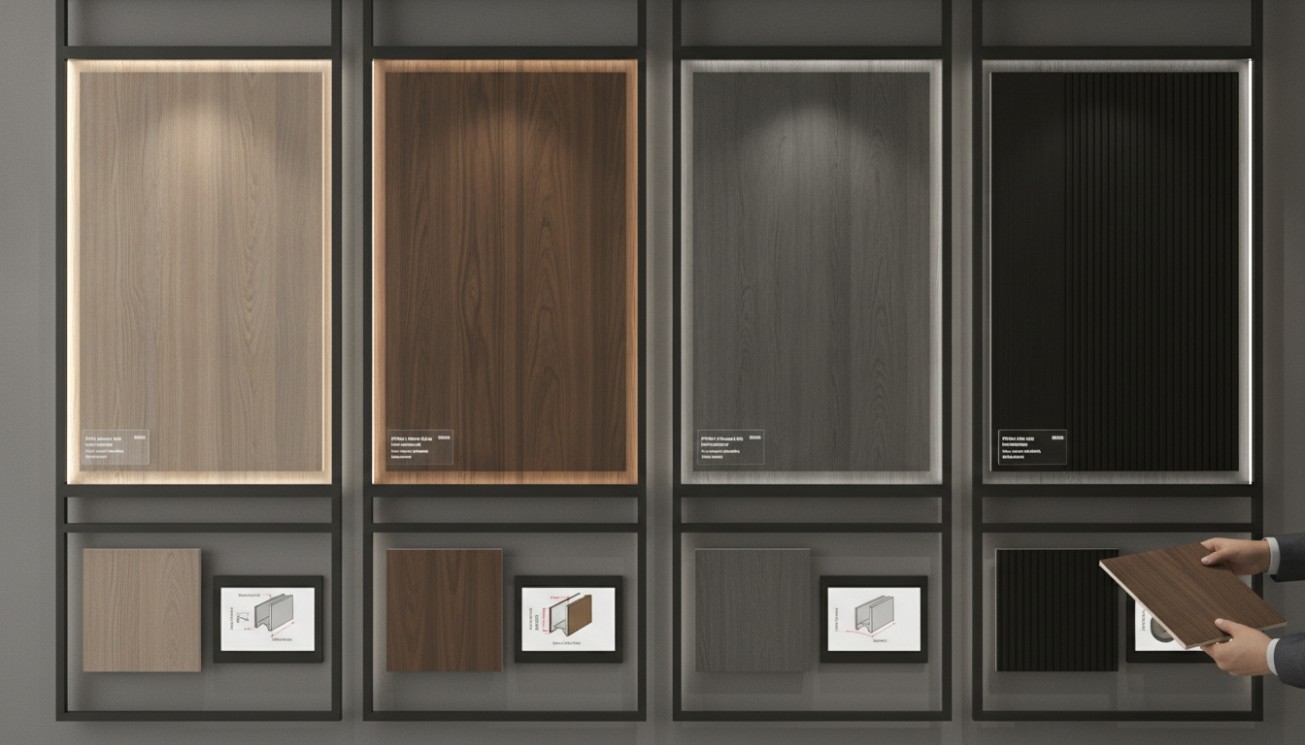 WPC wall panel showroom samples showing wood-look colors, fluted profiles, and surface finish options